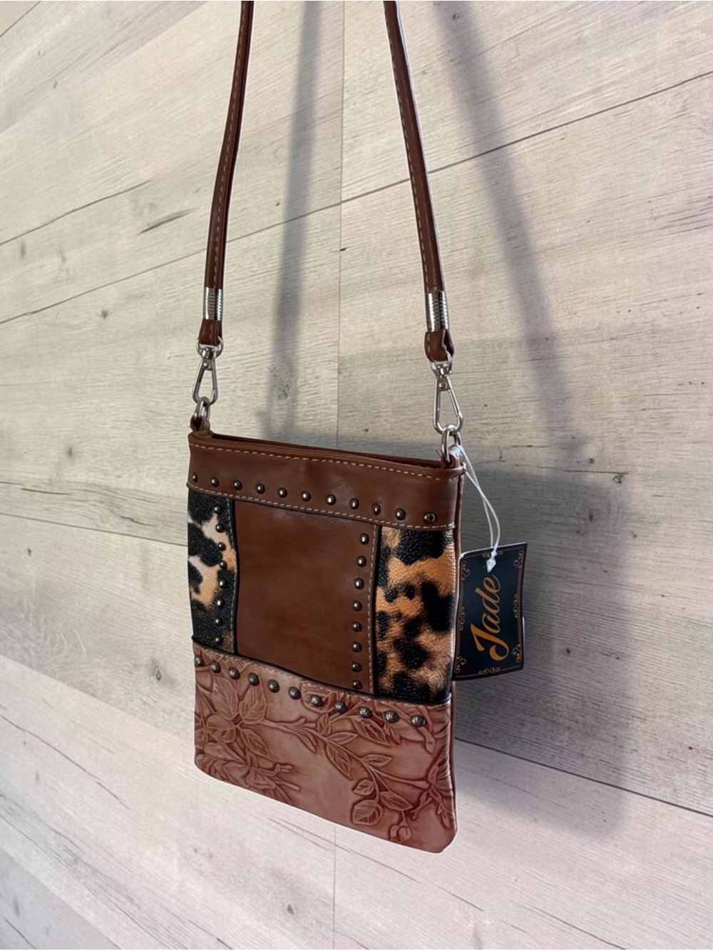 Jade Brown Floral & Leopard-Accent Patchwork Design Crossbody Bag